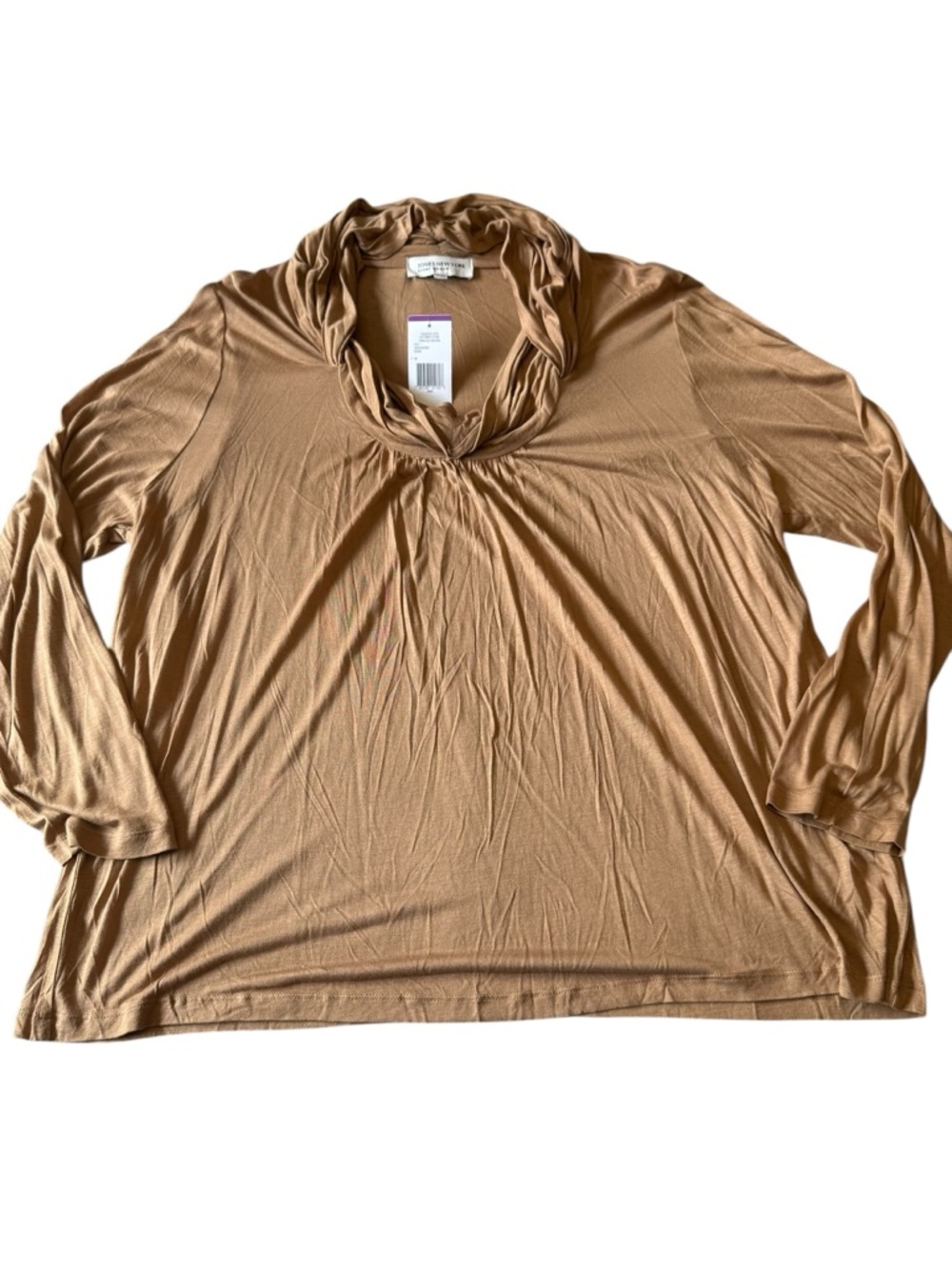 Jones New York Sport Blouse Woman Long Sleeve Cowl Neck Slinky Tan Brown NEW $46